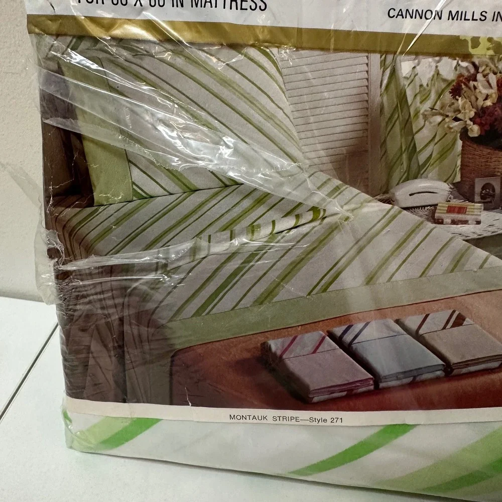 Vintage Cannon Monticello Queen Fitted Sheet & Pillowcases Montauk Stripe Green